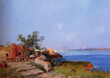  Terrace Painting - Lunch On A Terrace With A View Of The Bay Of Naples impressionism Eugene Galien Laloue Landscape